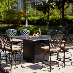 Sedona 9 Pc Cast Aluminum Counter Height Fire Pit Dining Set w/ 64 Inch Square Signature Table in Antique Bronze/Sesame by Darlee