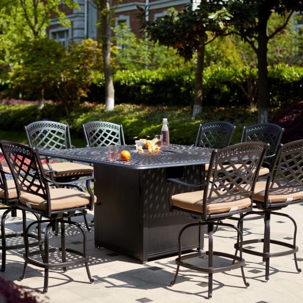 Sedona 9 Pc Cast Aluminum Counter Height Fire Pit Dining Set w/ 64 Inch Square Signature Table in Antique Bronze/Sesame by Darlee