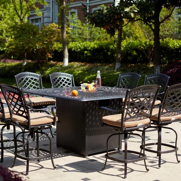 Sedona 9 Pc Cast Aluminum Counter Height Fire Pit Dining Set w/ 64 Inch Square Signature Table in Antique Bronze/Sesame by Darlee