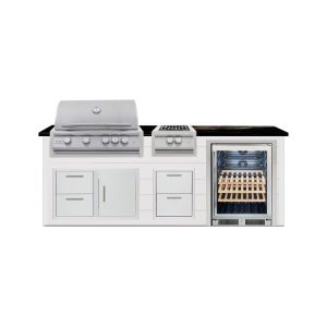 BBQGuys Signature 8 Ft Outdoor Kitchen Island w/ 32 Inch Propane Blaze LTE+ Grill Power Burner & Beverage Center | Crystal White w/ Titanium Granite