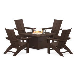Modern Adirondack 5 Pc Recycled Plastic Fire Pit Seating Set w/ Curveback Chairs in Mahogany by POLYWOOD