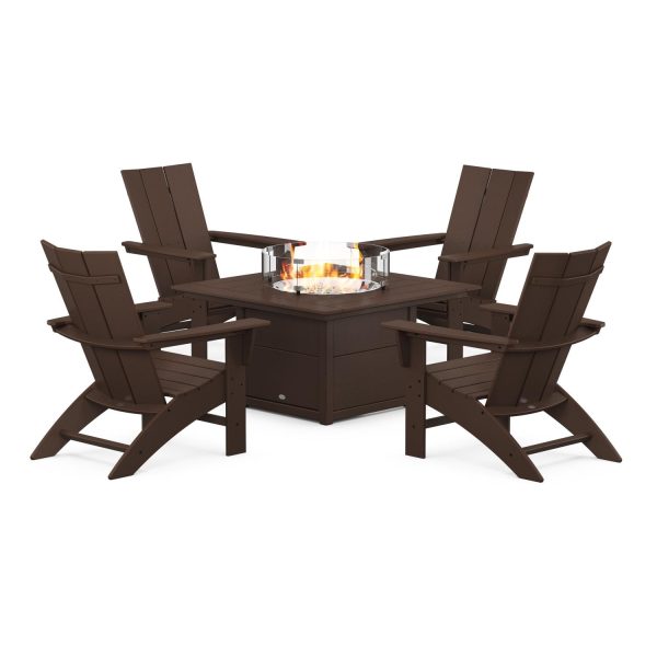 Modern Adirondack 5 Pc Recycled Plastic Fire Pit Seating Set w/ Curveback Chairs in Mahogany by POLYWOOD