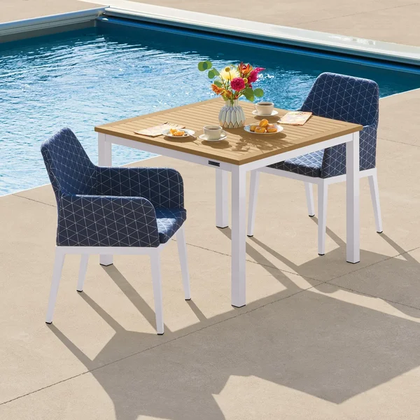 Oland 3 Pc Aluminum Dining Set W/ Natural Tekwood Table Top in Chalk/Quilted Spectrum Indigo By Oxford Garden