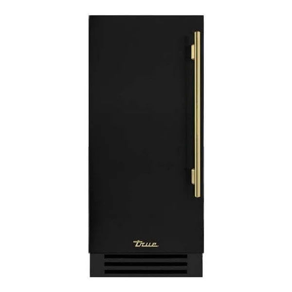 True 15 Inch 85 Lb. Left Hinge Outdoor Ice Maker - Matte Black w/ Brass Handle - TUI-15-L-OP-D~DSK-027-H01