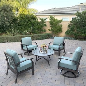 Atlantis 5 Pc Aluminum Seating Set  w/ 2 Club Chairs, 2 Swivel Rocker Club Chairs & Ice Bucket in Walnut/Spa by Darlee