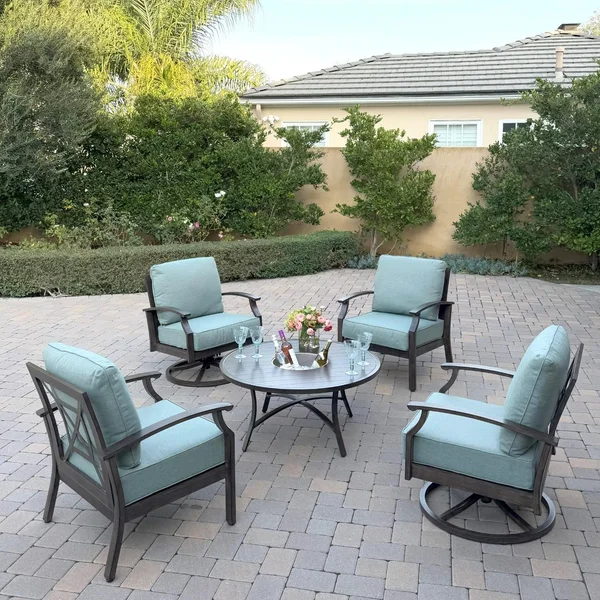 Atlantis 5 Pc Aluminum Seating Set w/ 2 Club Chairs, 2 Swivel Rocker Club Chairs & Ice Bucket in Walnut/Spa by Darlee