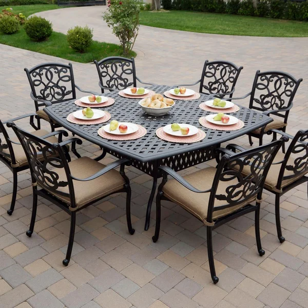 Santa Monica 9 Pc Cast Aluminum Dining Set w/ 64 Inch Square Series 30 Table in Antique Bronze/Sesame by Darlee