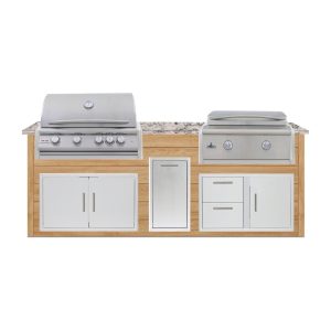BBQGuys Signature 8 Ft Outdoor Kitchen Island w/ 32 Inch Propane Blaze LTE+ Grill & Griddle & Narrow Trash Bin | Sun Bleached Oak w/ White Granite