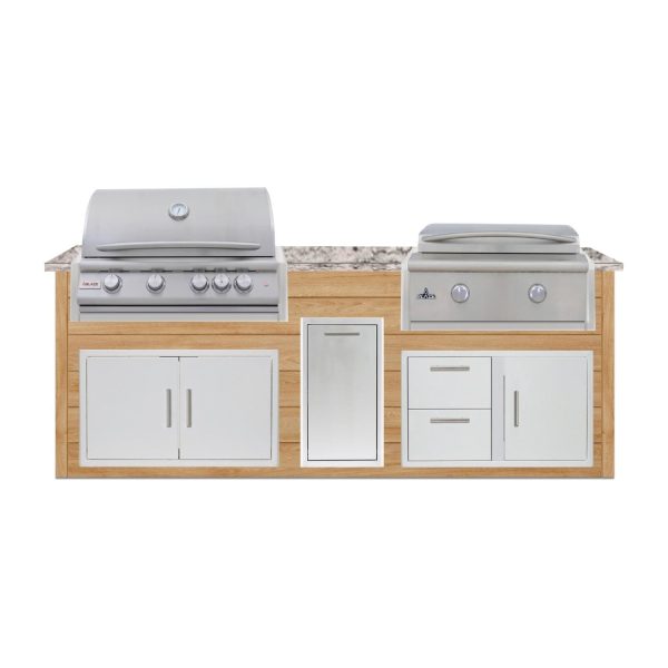 BBQGuys Signature 8 Ft Outdoor Kitchen Island w/ 32 Inch Propane Blaze LTE+ Grill & Griddle & Narrow Trash Bin | Sun Bleached Oak w/ White Granite