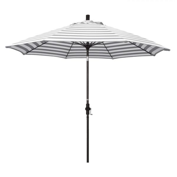 California Umbrella Sun Master Series 9 Ft Octagonal Aluminum Collar Tilt Patio Umbrella W/ Crank Lift & Fiberglass Ribs - Bronze Frame / Olefin Gray White Cabana Stripe Canopy