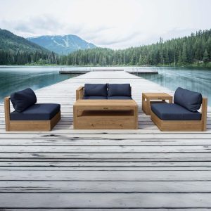 Pointebelle 5 Pc Teak Seating Set in Canvas Navy by Lakeview Outdoor Designs