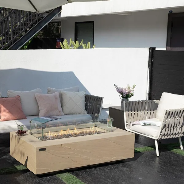 Colorado 56 Inch Rectangular Concrete Propane Fire Pit Table in Beige by Elementi