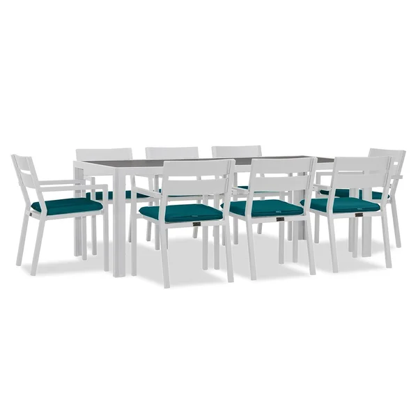 Calm Bay 9 Pc Rectangular Aluminum Dining Set in White/Spectrum Peacock by Lakeview Outdoor Designs