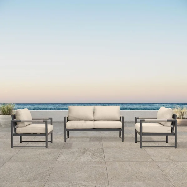 Avenue Bay 3 Pc Aluminum Seating Set in Slate/Canvas Flax by Lakeview Outdoor Designs