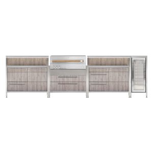 Burnout BBQ Modular Fully Lit Outdoor Kitchen Island w/ Flammkraft Model D Built-In Grill, Caso 4.4 Cu Ft. Refrigreator, Double Drawers, Propane Pullout, and Pullout Waste Bins - Oak