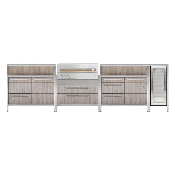 Burnout BBQ Modular Front - Lit Outdoor Kitchen Island w/ Flammkraft Model D Built-In Grill, Caso 4.4 Cu Ft. Refrigreator, Double Drawers, Propane Pullout, and Pullout Waste Bins - Oak