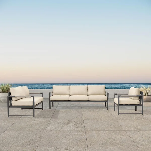 Avenue Bay 3 Pc Aluminum Sofa Seating Set in Slate/Canvas Flax by Lakeview Outdoor Designs