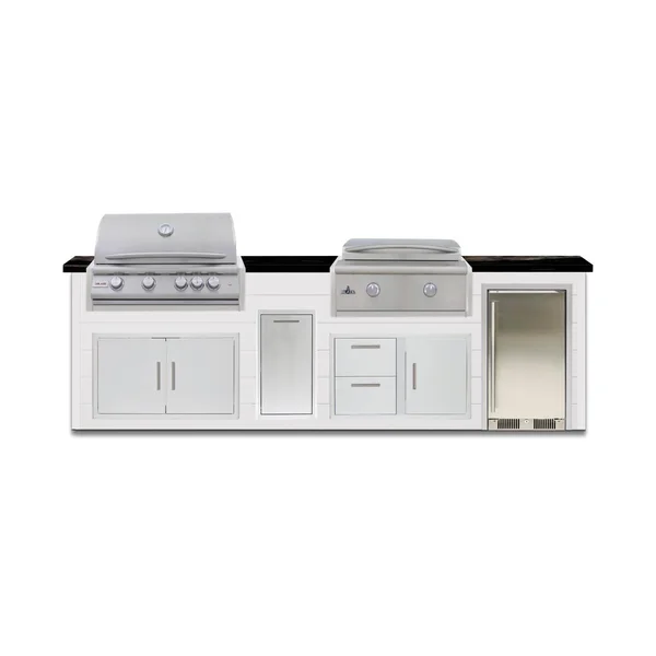 BBQGuys Signature 10 Ft Outdoor Kitchen Island w/ 32 Inch Propane Blaze LTE+ Grill & Griddle & Narrow Trash Bin | Crystal White w/ Titanium Granite