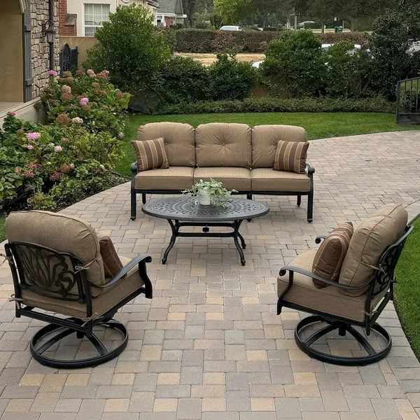 Elisabeth 4 Pc Cast Aluminum Seating Set w/ 46 X 31 Inch Oval Table & Swivel Rockers & Throw Pillows in Antique Bronze/Sesame by Darlee