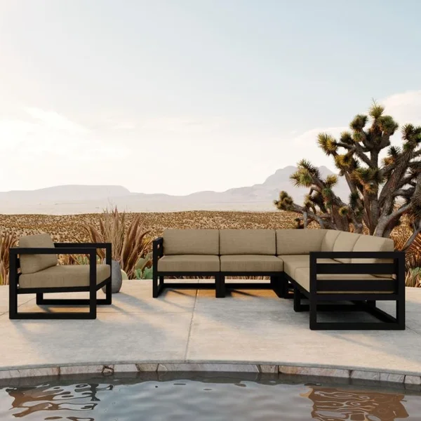 Misty Cove 6 Pc Aluminum Seating Set w/ Sectional in Black/Heather Beige by Lakeview Outdoor Designs