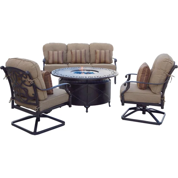 Santa Monica 4 Pc Cast Aluminum Fire Pit Seating Set w/ 47 Inch Table w/ Swivel Rockers & Throw Pillows in Antique Bronze/Sesame by Darlee