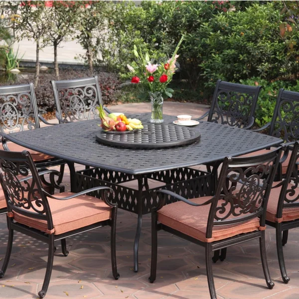 St. Cruz 10 Pc Cast Aluminum Dining Set w/ 64 Inch Square Series 30 Table & Lazy Susan in Antique Bronze/Spicy Chili by Darlee