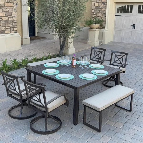 Atlantis 7 Pc Aluminum Dining Set w/ 4 Swivel Rocker Dining Arm Chairs & 2 Two Person Benches in Walnut/Beige by Darlee