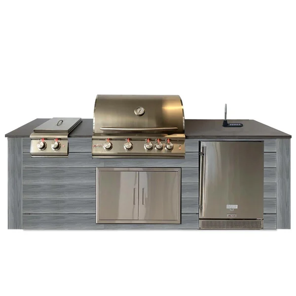 Pro-Fit 8-Foot Outdoor Kitchen Island W/ Blaze LTE 32-Inch Propane Gas Grill, Double Side Burner, Refrigerator & Beverage Dispenser - Driftwood Grey / Grigio Piombo Satin