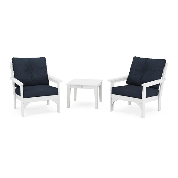 Vineyard 3 Pc Recycled Plastic Seating Set in White/Marine Indigo by POLYWOOD