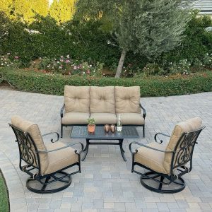 Santa Anita 4 Pc Cast Aluminum Seating Set w/ 48 X 26 Inch Series 88 Table & Swivel Rockers in Antique Bronze/Linen Sesame by Darlee