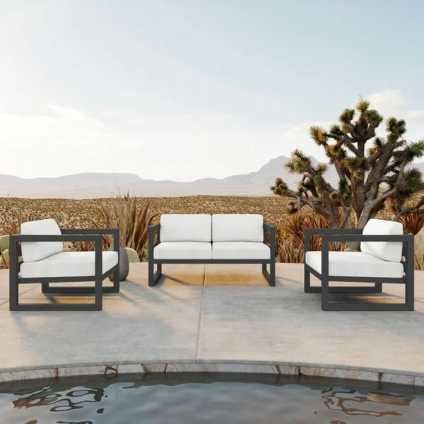 Misty Cove 3 Pc Aluminum Seating Set w/ Loveseat in Slate/Canvas Natural by Lakeview Outdoor Designs