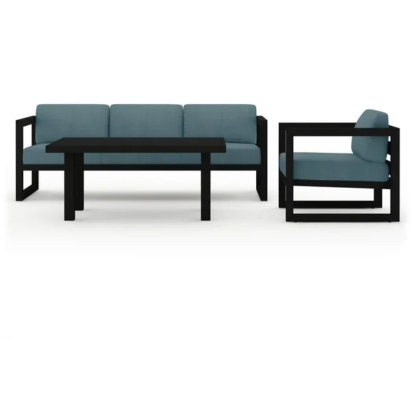 Misty Cove 3 Pc Aluminum Seating Set w/ Sofa & Classic Chat Table in Black/Cast Lagoon by Lakeview Outdoor Designs