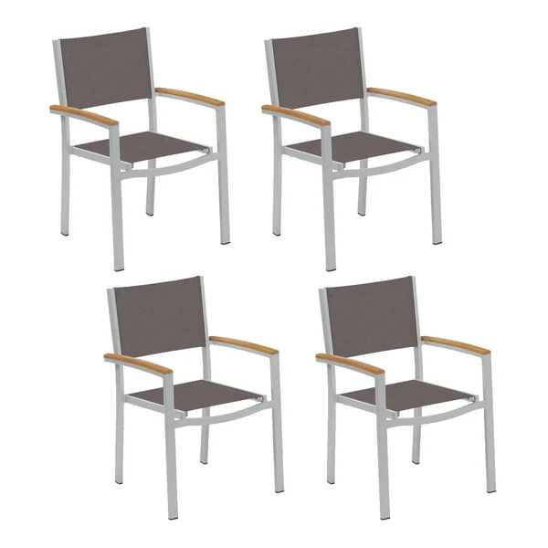 Travira 4 Pc Composite Sling & Aluminum Dining Chair W/ Natural Tekwood Arm Caps in Flint/Cocoa By Oxford Garden