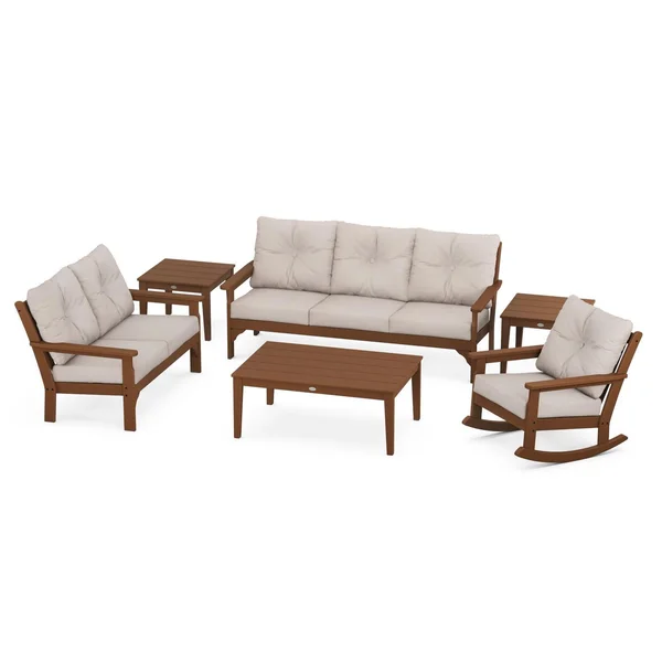 Vineyard 6 Pc Recycled Plastic Seating Set w/ Rocking Chair in Teak/Dune Burlap by POLYWOOD