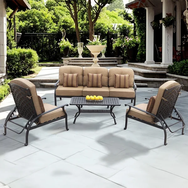 Nassau 4 Pc Cast Aluminum Seating Set w/ 42 X 21 Inch Table w/ Reclining Chairs & Throw Pillows in Antique Bronze/Sesame by Darlee