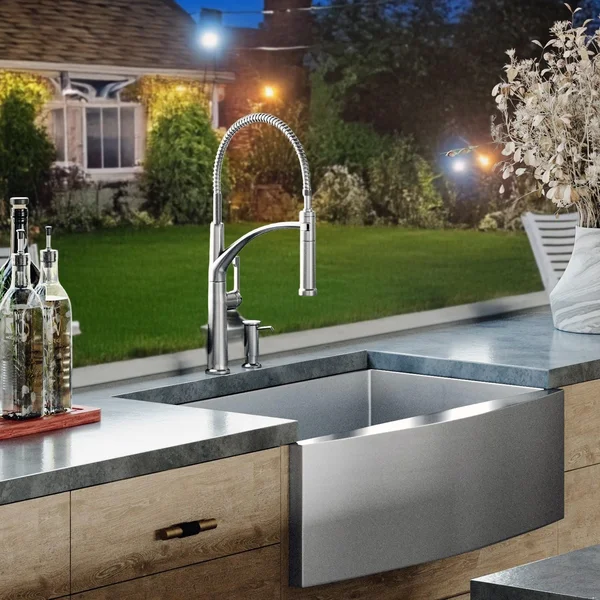 BBQGuys Signature Farmhouse Bowed Apron Stainless Steel 33-Inch Sink W/Grid and Strainer