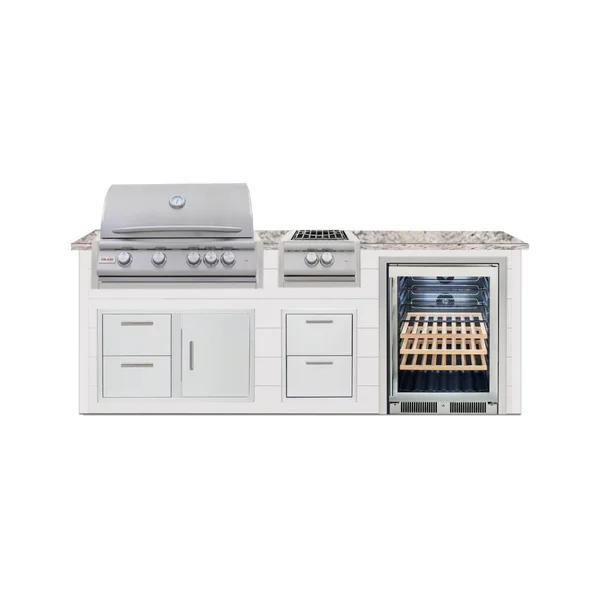 BBQGuys Signature 8 Ft Outdoor Kitchen Island w/ 32 Inch Natural Gas Blaze LTE+ Grill Power Burner & Beverage Center | Crystal White w/ White Granite