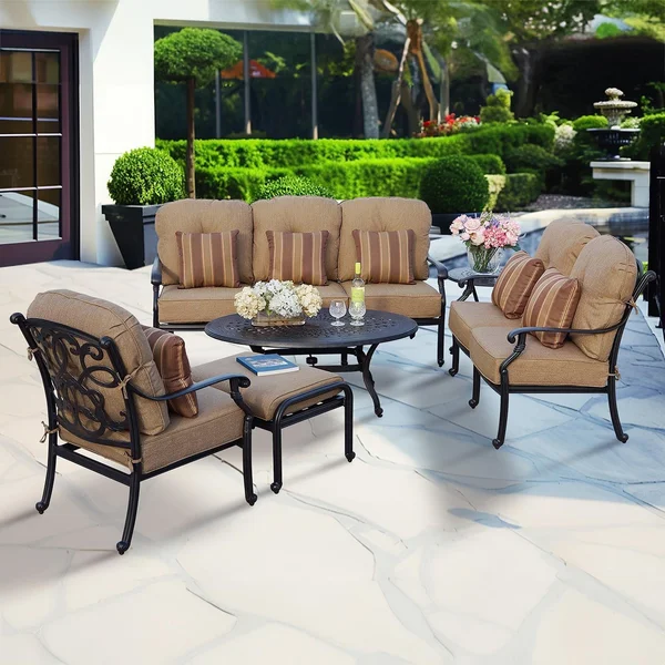 Santa Monica 6 Pc Cast Aluminum Seating Set w/ 46 X 31 Inch Oval Table & Throw Pillows in Antique Bronze/Sesame by Darlee