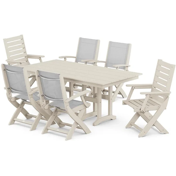 POLYWOOD x BBQGuys Creekside 7 Pc Recycled Plastic Dining Set W/ White Sling in Sand
