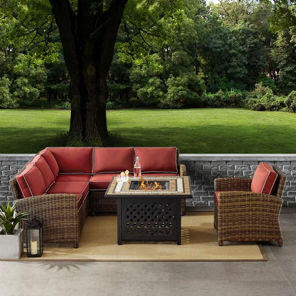 Branchwood 5 Pc Wicker Sectional Seating Set in Weathered Brown/Sangria by Ultimate Patio