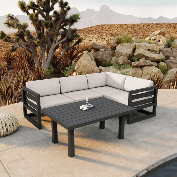 Misty Cove 5 Pc Aluminum Seating Set w/ Sectional & Classic Chat Table in Slate/Cast Silver by Lakeview Outdoor Designs