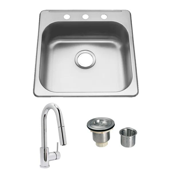 ADA Compliant 20 X 20 Stainless Steel Outdoor Sink with Huntington Brass Dual Spray European Style Pull Down Faucet and Strainer Basket