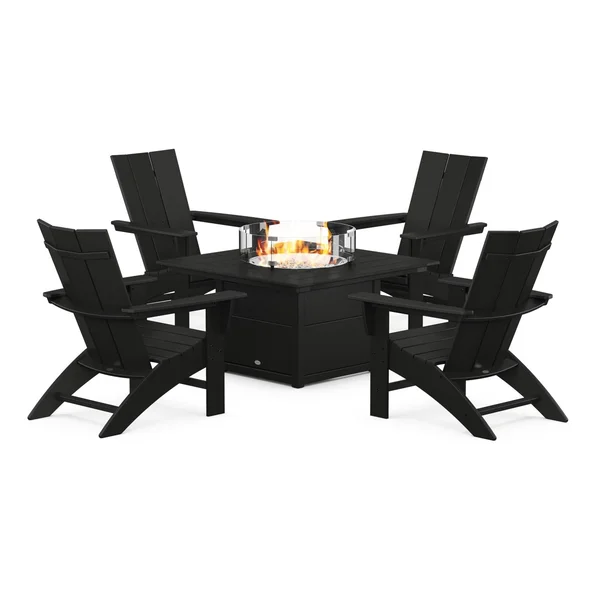 Modern Adirondack 5 Pc Recycled Plastic Fire Pit Seating Set w/ Curveback Chairs in Black by POLYWOOD