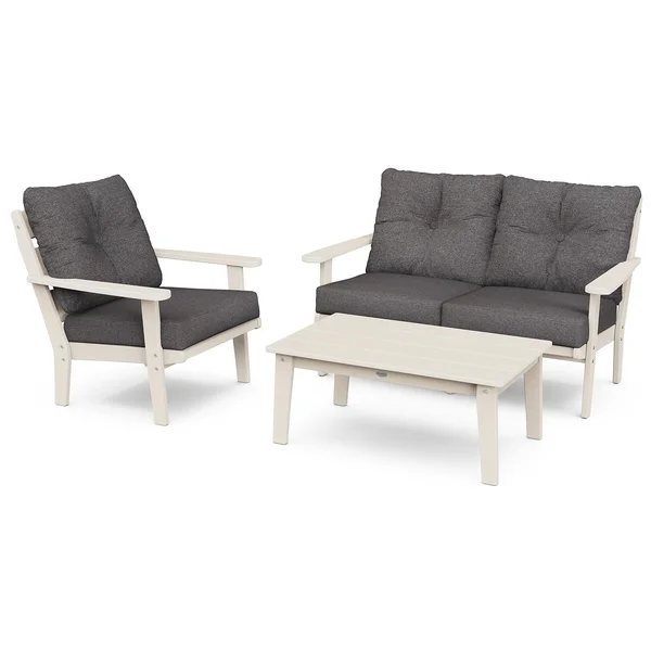 Lakeside 3 Pc Recycled Plastic Loveseat Seating Set in Sand/Ash Charcoal by POLYWOOD