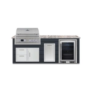 BBQGuys Signature 8 Ft Outdoor Kitchen Island w/ 32 Inch Natural Gas Blaze LTE PRO Grill, Beverage Center & Narrow Trash Bin | Asphalt Gray w/ White Granite