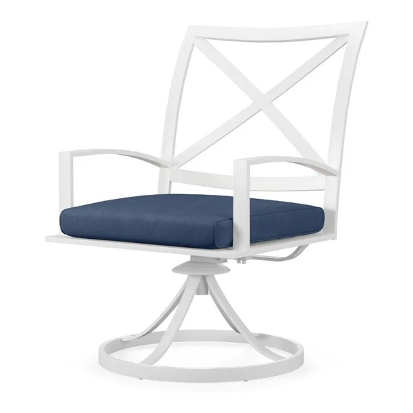 Bristol Aluminum Swivel Dining Arm Chair w/ Self Welt in White/Spectrum Indigo by Sunset West