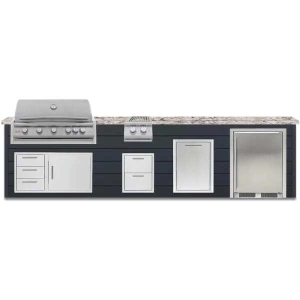 BBQGuys Signature 12 Ft Outdoor Kitchen Island w/ 40 Inch Natural Gas Blaze LTE+ Grill, Double Side Burner, Refrigerator & Double Trash Bin | Asphalt Gray w/ White Granite