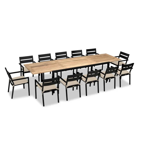 Calm Bay Communal 13 Pc Extendable Aluminum Dining Set in Black/Canvas Flax by Lakeview Outdoor Designs