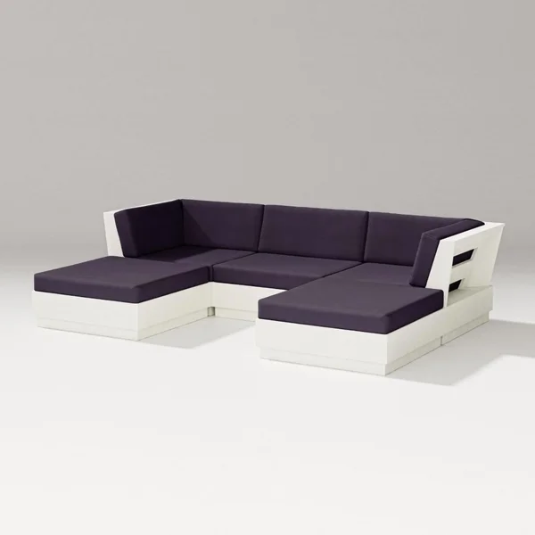 Elevate 5 Pc Recycled Plastic Double Chaise Sectional Seating Set in Vintage White/Navy Linen By PW Designer Series