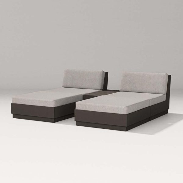 Elevate 5 Pc Recycled Plastic Double Chaise Lounge Seating Set in Vintage Coffee/Weathered Tweed By PW Designer Series